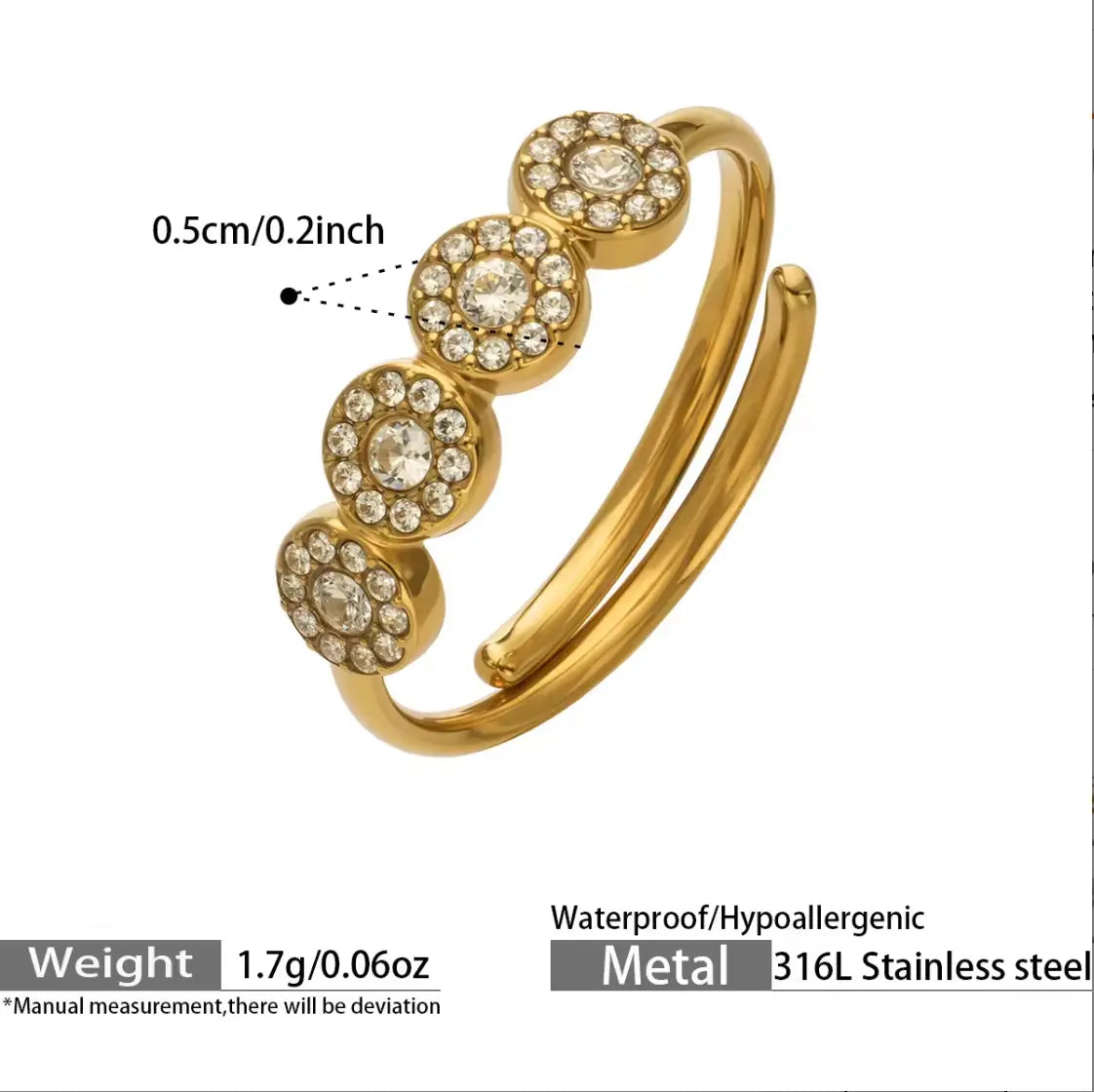 18K gold-plated adjustable double-band ring with four clear zircon round halo settings