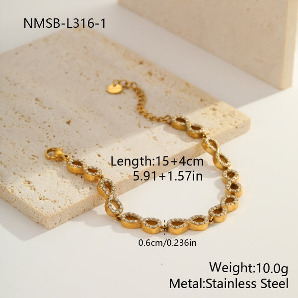 Gold Zircon Infinity bracelet with measurements 