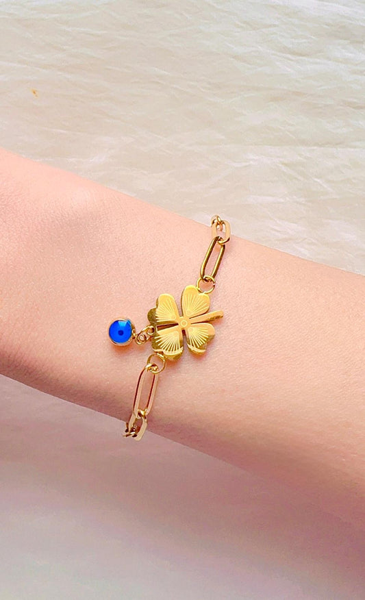 Four Leaf Clover with Evil Eye Charm Bracelet - Luck, Protection &  Elegance