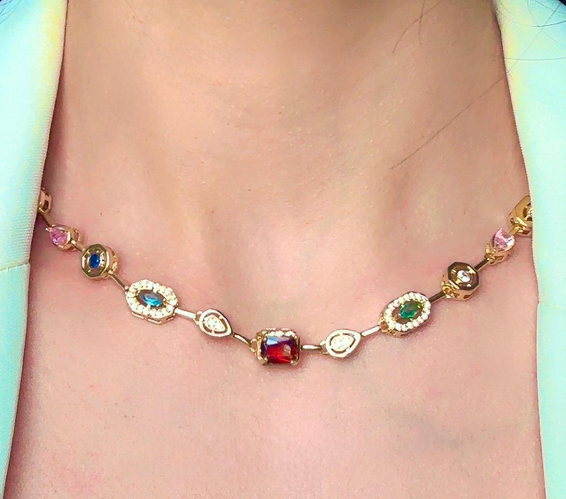 Gold  link necklace with colorful gemstones 