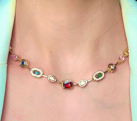 Gold  link necklace with colorful gemstones 