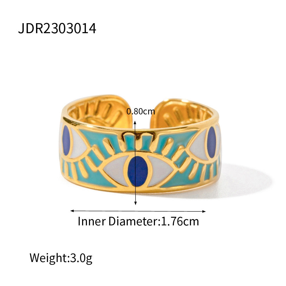18K gold plated evil eye enamel ring turquoise white navy blue 1.76cm inner diameter 0.80cm band 3g open adjustable