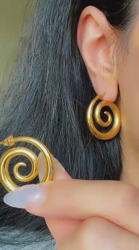 gold spiral hoop earrings non tarnish waterproof